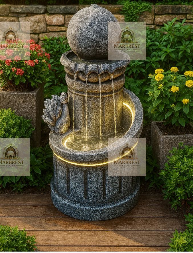 Heritage Garden Cascade – Illuminated Stone Fountain — marble installation by Marbrest Stone, Private Landscape Installation, Jaipur, India