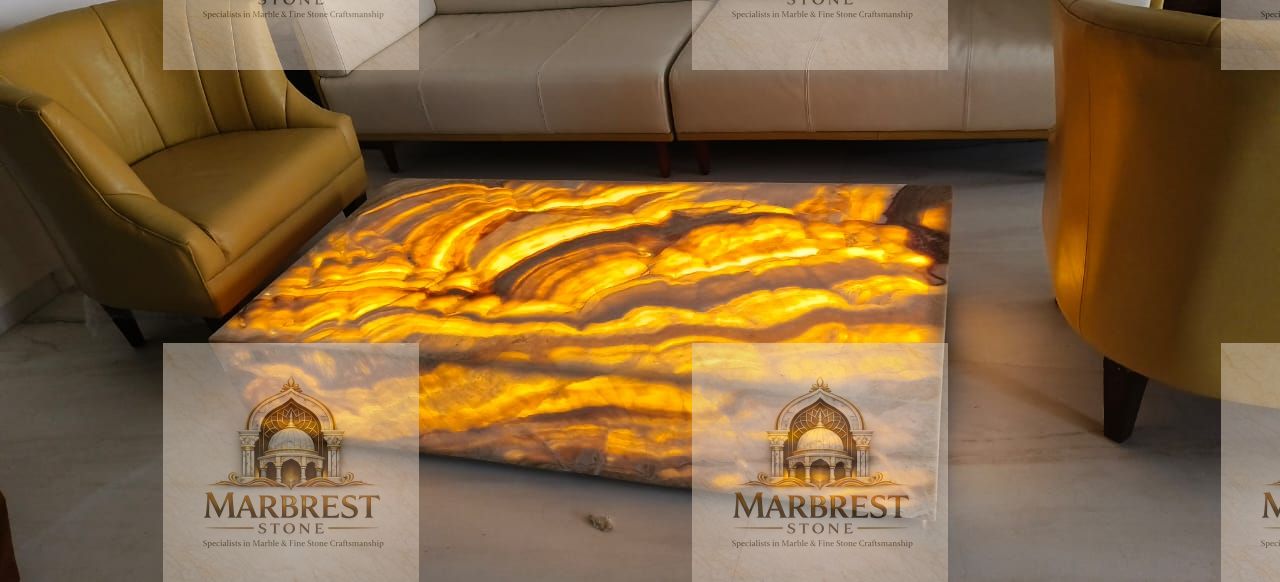 Luminous Onyx Centerpiece: A Fusion of Stone & Light — marble installation by Marbrest Stone, Private Residence, Mumbai