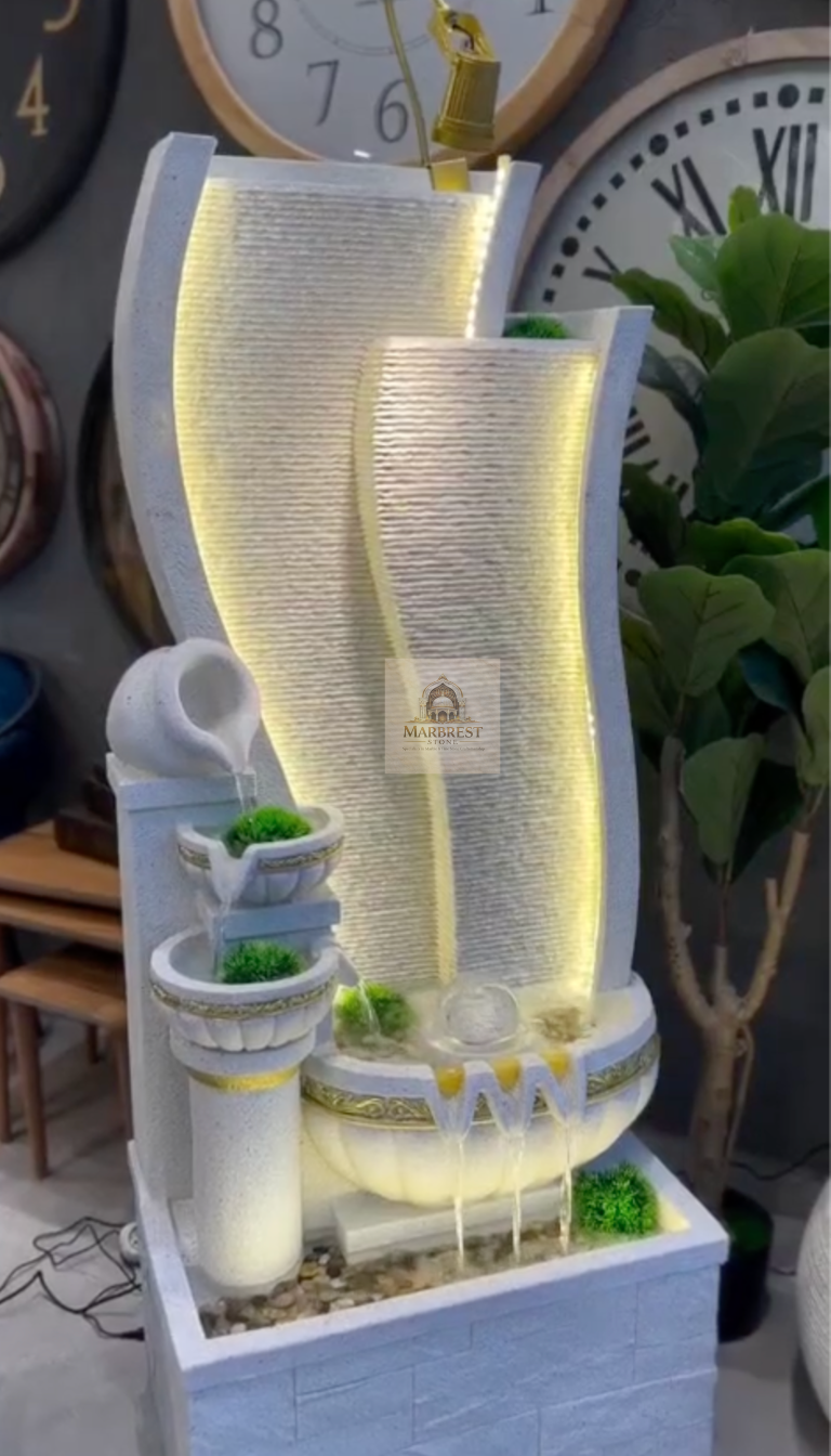 Marbrest Stone "Luminous Curvature" Waterfall – Textured White Marble with Integrated LED — Hand-finished in Makrana, Rajasthan – specialized for high-end interior stone decor marble by Marbrest Stone