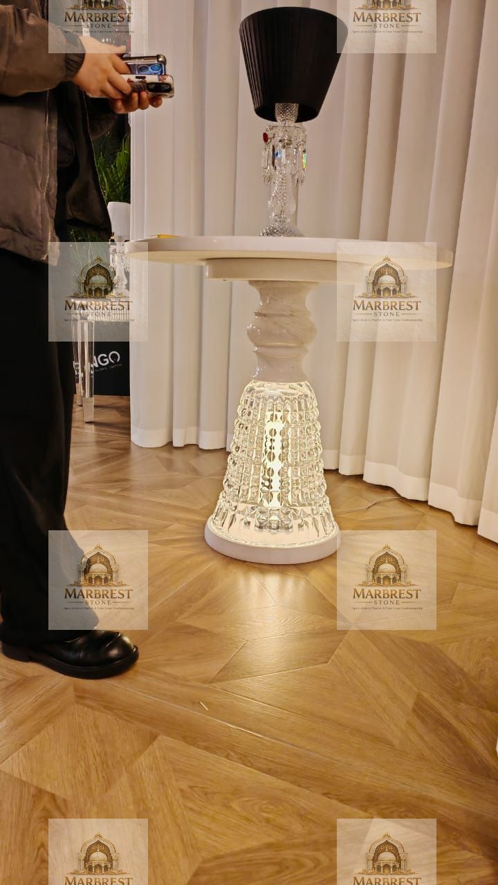 Illuminated Marble Pedestal Console — marble installation by Marbrest Stone, Interior Design Exhibition Showcase, New Delhi, India