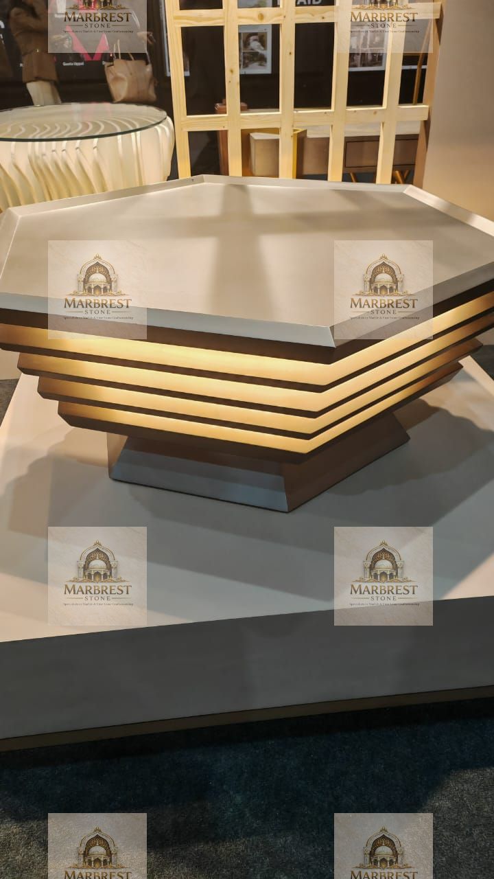 Geometric Light-Integrated Marble Table — marble installation by Marbrest Stone, Commercial Interior Installation, Mumbai, India