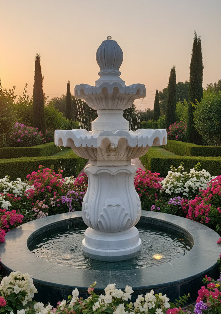 Marbrest Stone "Kumbh" Stacked Jar Fountain – Heritage Inlay & Carved Stone. — Designed and Hand-Crafted in Makrana, Rajasthan. marble by Marbrest Stone
