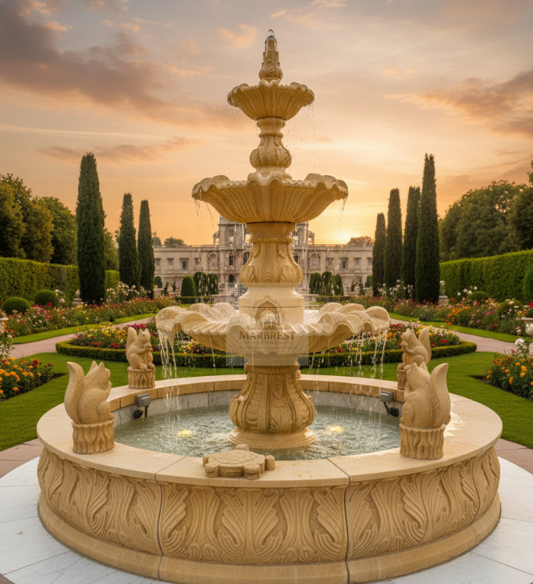 Marbrest Stone "Kumbh" Heritage Cascade Fountain – Hand-Carved Sandstone. — Handcrafted in Makrana, Rajasthan. marble by Marbrest Stone