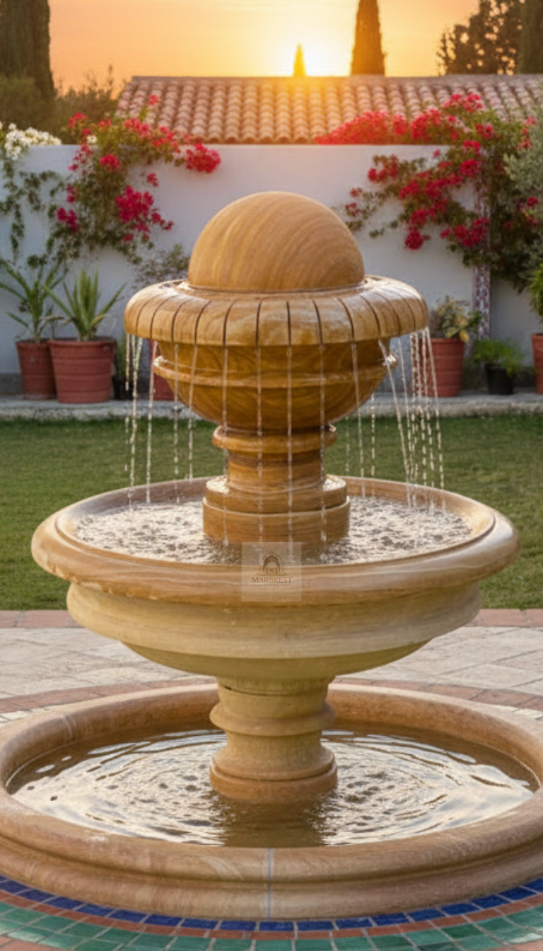 Marbrest Stone "Solaris" Spherical Fountain – Wood-Grain Textured Stone — Crafted in Makrana marble by Marbrest Stone