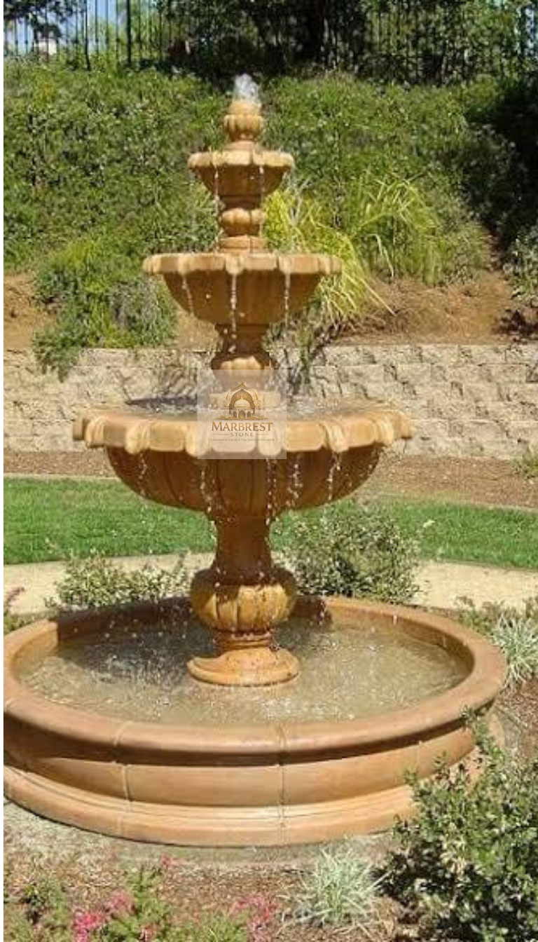 Marbrest Stone Imperial Three-Tier Garden Fountain – Autumn Gold Sandstone. — Hand-carved in Makrana, Rajasthan. marble by Marbrest Stone