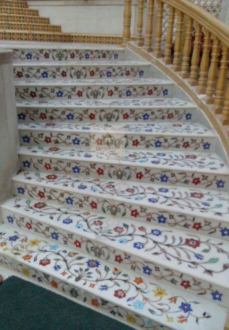 Marbrest Stone Majestic Riser Inlay – Continuous Flow Staircase Art — Bespoke Architectural Fitting, Makrana marble by Marbrest Stone