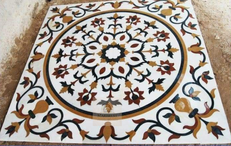 Marbrest Stone Mandala Geometric Medallion – Multi-Stone Inlay Floor — Crafted at the Marbrest Artisan Studio marble by Marbrest Stone