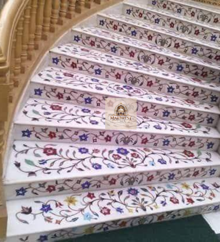 Marbrest Stone "Imperial Path" Stair Riser Inlay – Continuous Floral Scroll — Bespoke Architectural Fitting from Makrana, India marble by Marbrest Stone