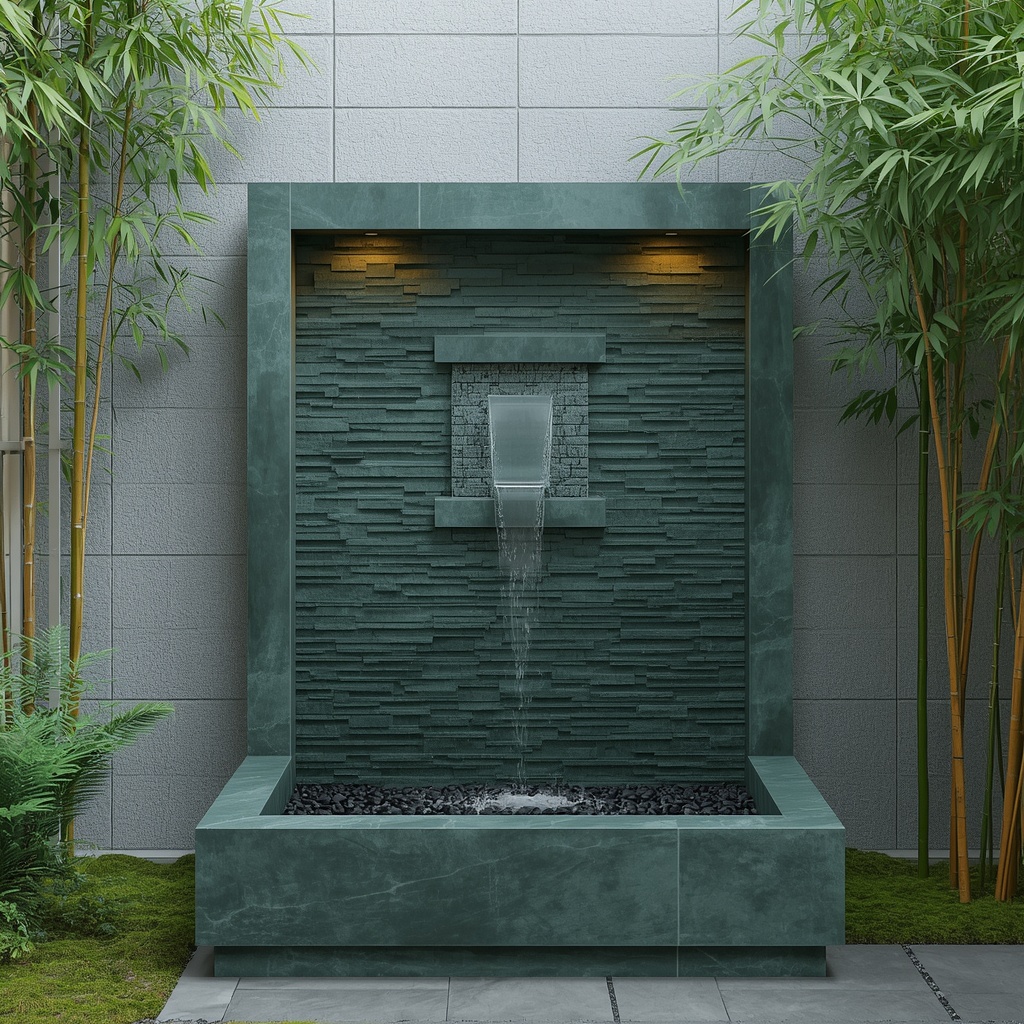 The Zen Descent Wall-Mounted Quartzite Water Feature — Premium Himalayan Quarries (Honed Forest Green Quartzite & Split Slate) marble by Marbrest Stone