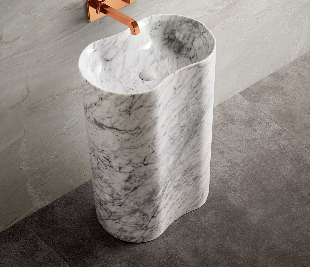 The Wave Monolith Freestanding Pedestal — Apuan Alps, Tuscany, Italy (Premium Fine-Grain White Marble) marble by Marbrest Stone